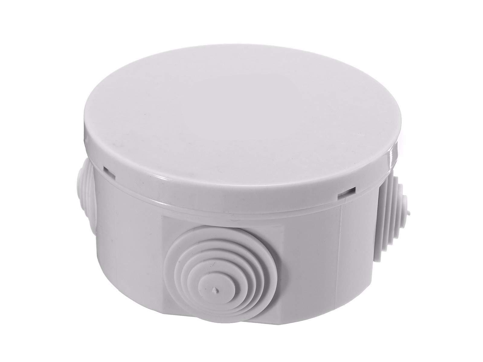 ESR R080 80mm x 35mm IP44 Round Electrical Junction Box with Rubber Cable Entry Grommets Snap-on Lid Splashproof Weatherproof CCTV Cable Connection