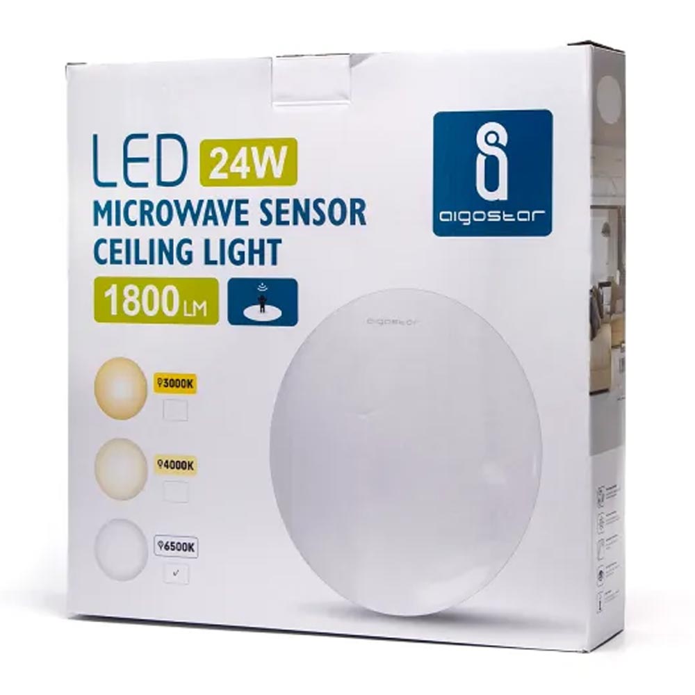 Aigostar 24W LED Ceiling Mounted Round Bulkhead Microwave Motion Sensor Dector Light Daylight 6500K