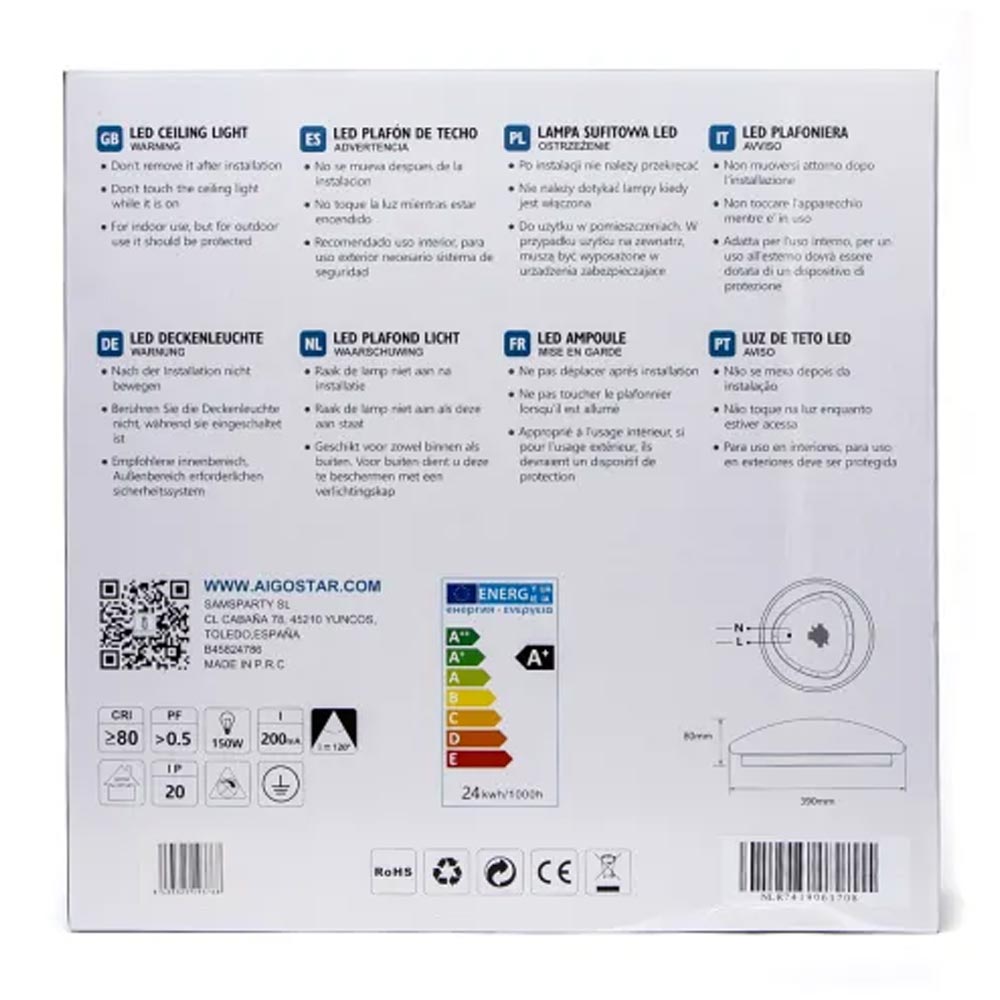 Aigostar 24W LED Ceiling Mounted Round Bulkhead Microwave Motion Sensor Dector Light Daylight 6500K