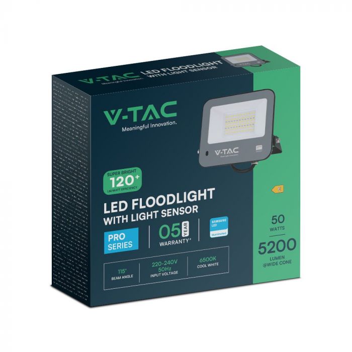 V-TAC 50W LED Floodlight VT-44052 – Samsung Chip, Photocell Sensor, IP65 6500K Black