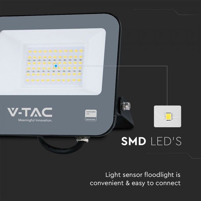 V-TAC 50W LED Floodlight VT-44052 – Samsung Chip, Photocell Sensor, IP65 6500K Black