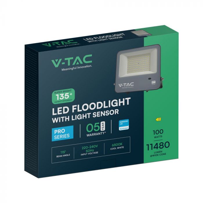 V-TAC 100W LED Floodlight VT-44103 – Samsung Chip, Photocell Sensor, IP65 6500K Black