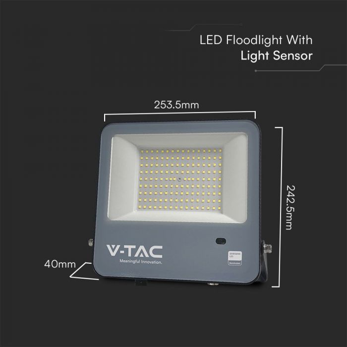 V-TAC 100W LED Floodlight VT-44103 – Samsung Chip, Photocell Sensor, IP65 6500K Black