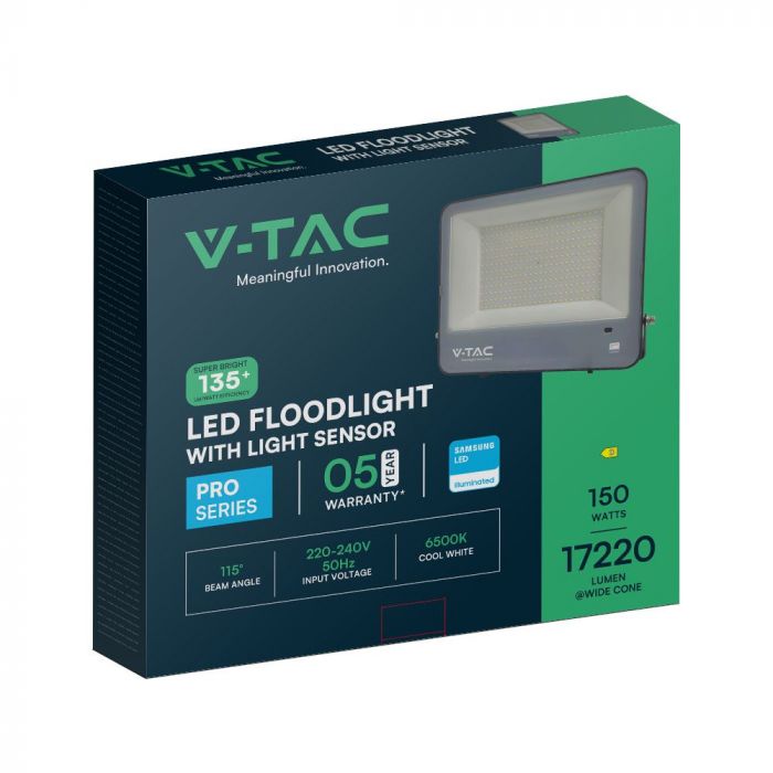 V-TAC 150W LED Floodlight VT-44153 – Samsung Chip, Photocell Sensor, IP65 – 6500K Black