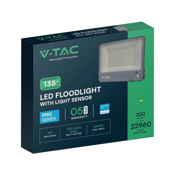 V-TAC 200W LED Floodlight with Photocell Sensor – Samsung Chip – IP65 – 6500K – Black – VT-44203