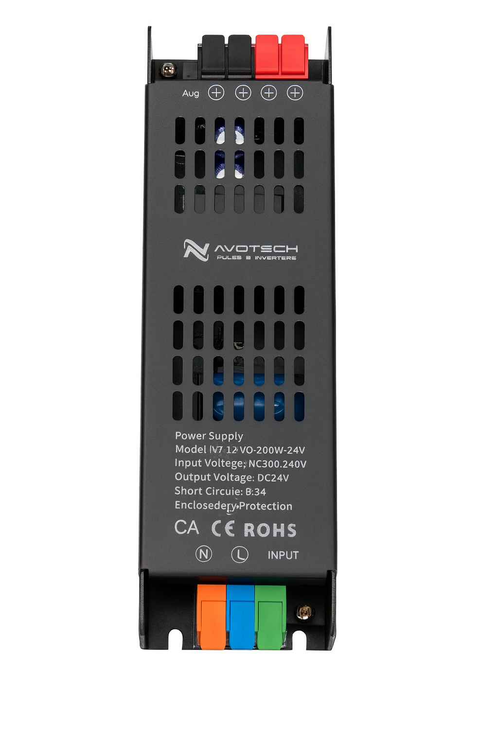 Slim 24V 100W LED power supply unit with metal housing, ventilation slots and terminal connections, shown on a light grey background.
