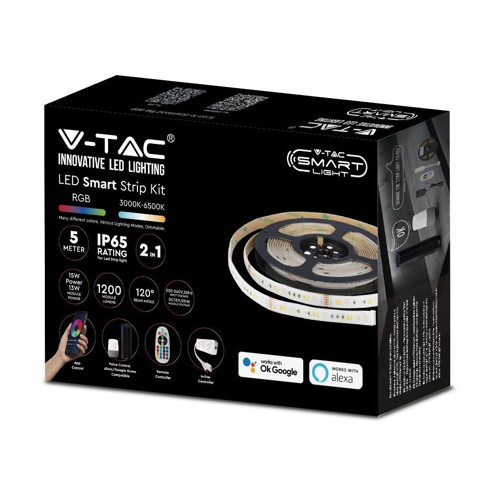 V-tac VT-5050 Striscia LED WiFi RGB+W 5M – Timer Integrato, Controllo Da Smartphone, Luci Colorate E Bianche