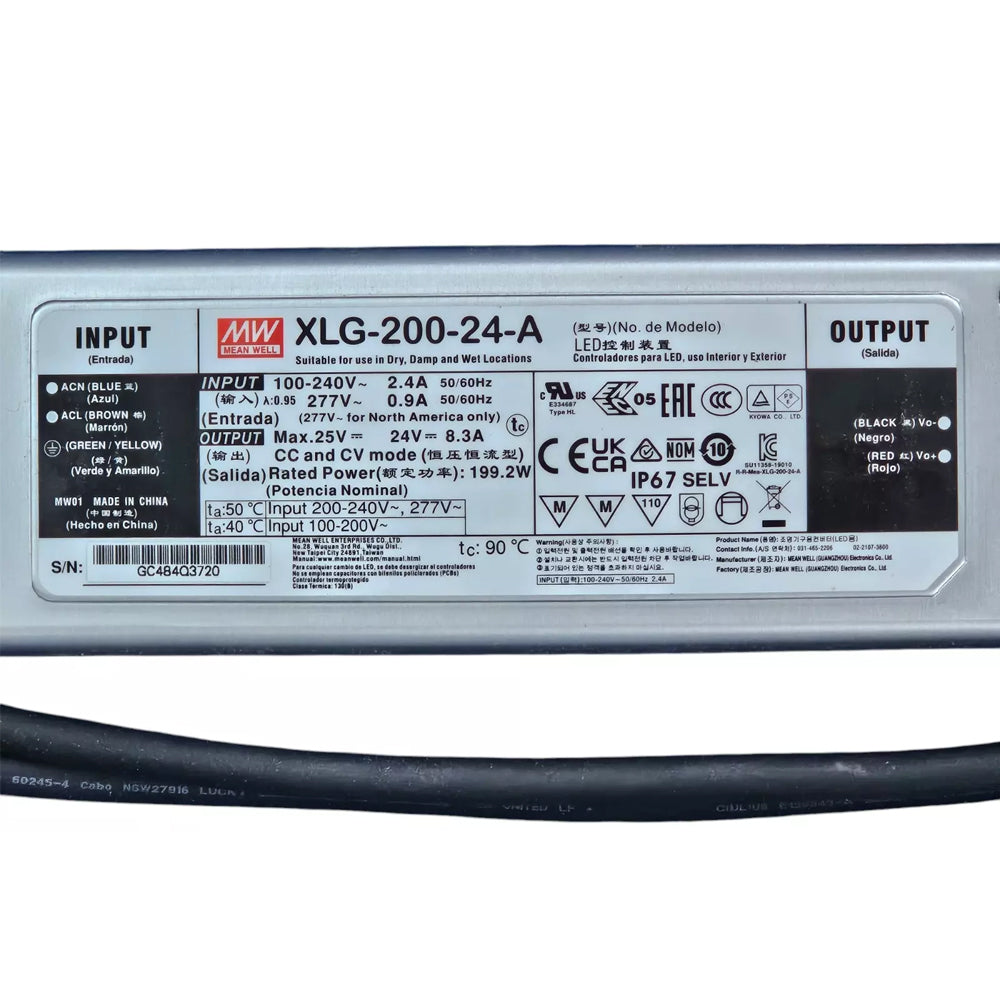 Mean Well 24V 200W LED Driver IP67 Waterproof Power Supply Transformer XLG Series for LED Lighting Applications