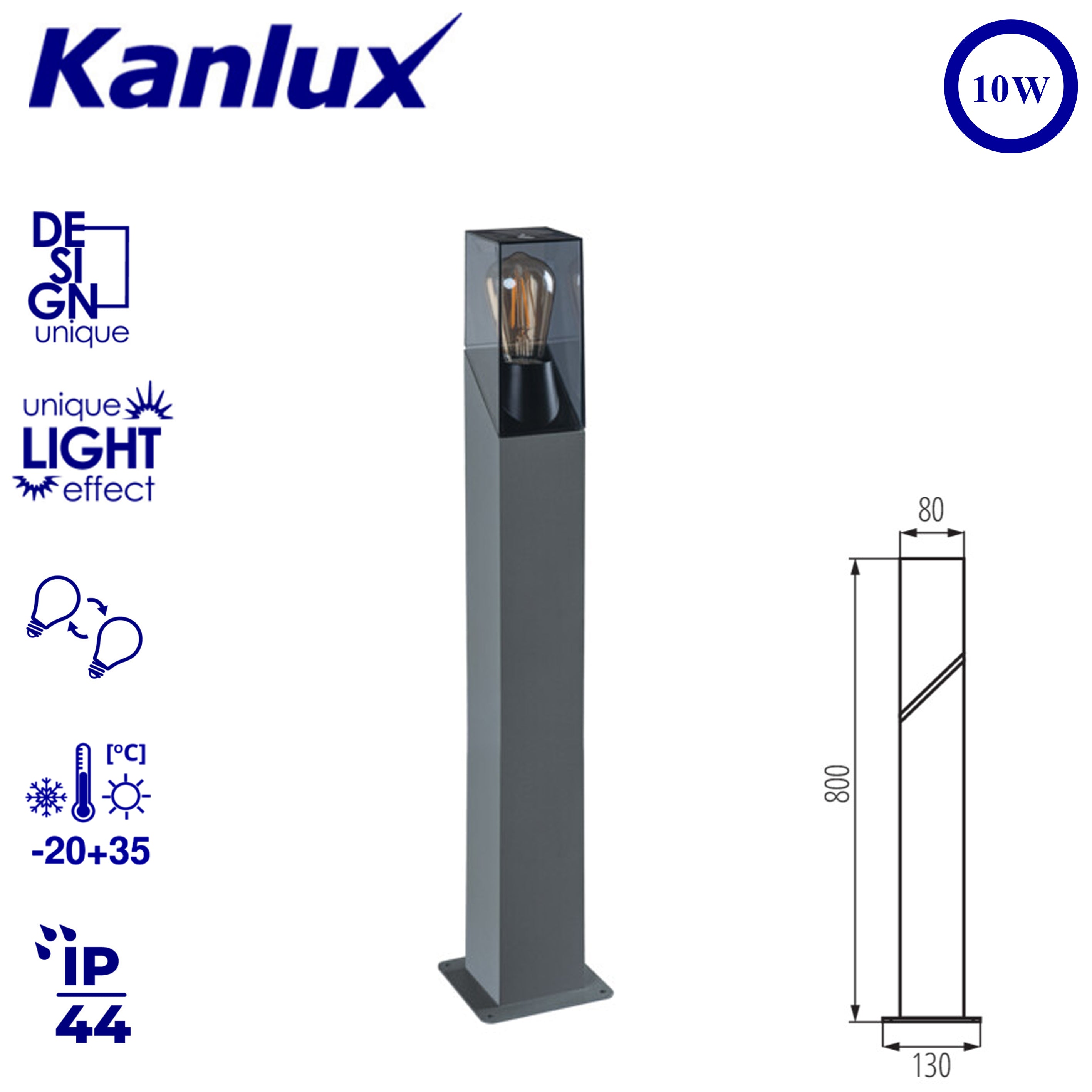 Kanlux LAVEN 80 GR Outdoor Garden Post Light | Graphite Finish E27 LED Compatible Waterproof IP44