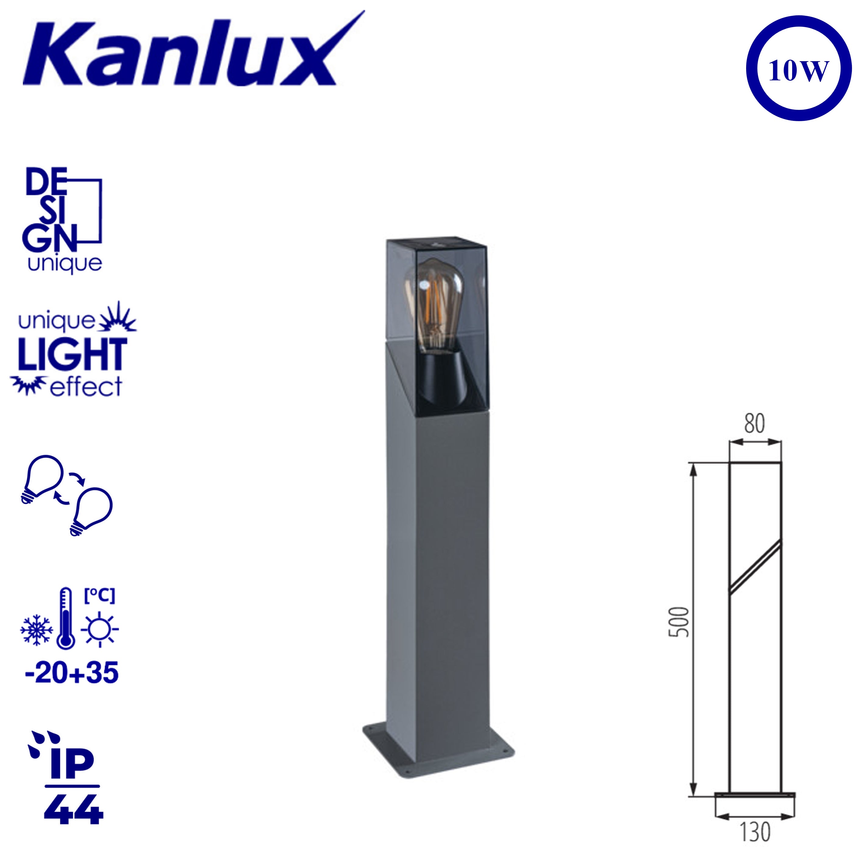 Kanlux LAVEN 50 GR Outdoor Garden Post Light | Graphite Finish E27 LED Compatible Waterproof IP44