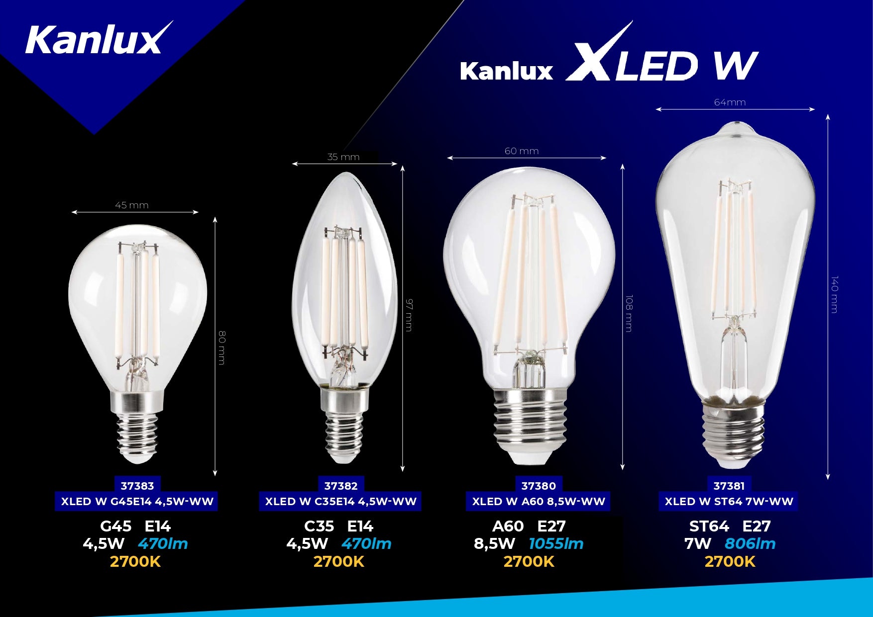 Kanlux XLED White Filament E27 LED Light Bulb A60 ST64 C35 G45 Warm White