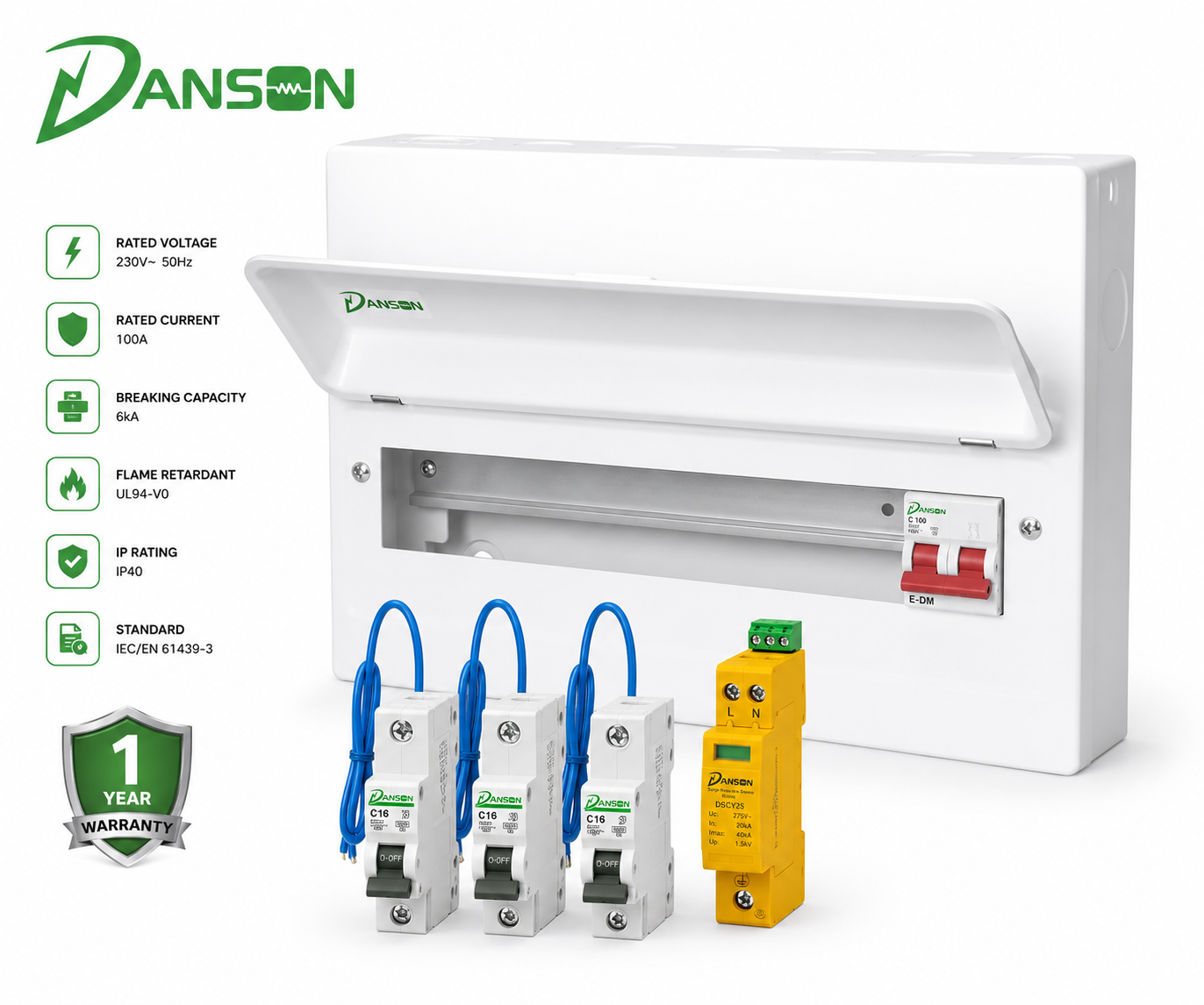 5 Way RCBO Populated Fuse Box with T2 SPD & 100A Main Switch – Single Phase E MM084/SPD