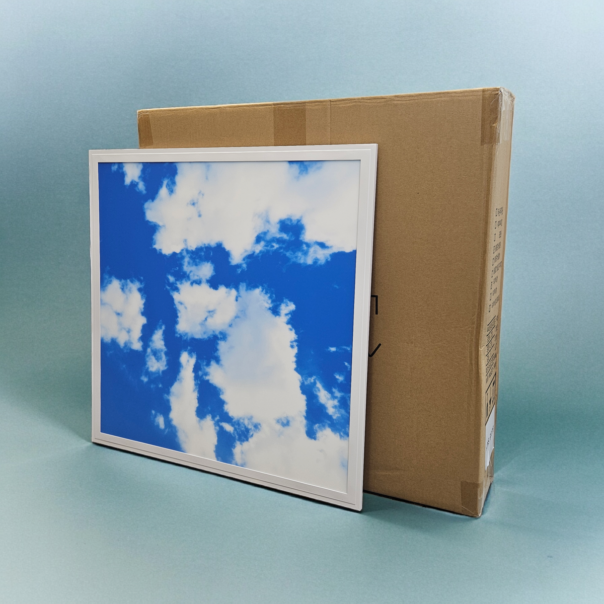 48W blue sky cloud LED ceiling panel light with product packaging