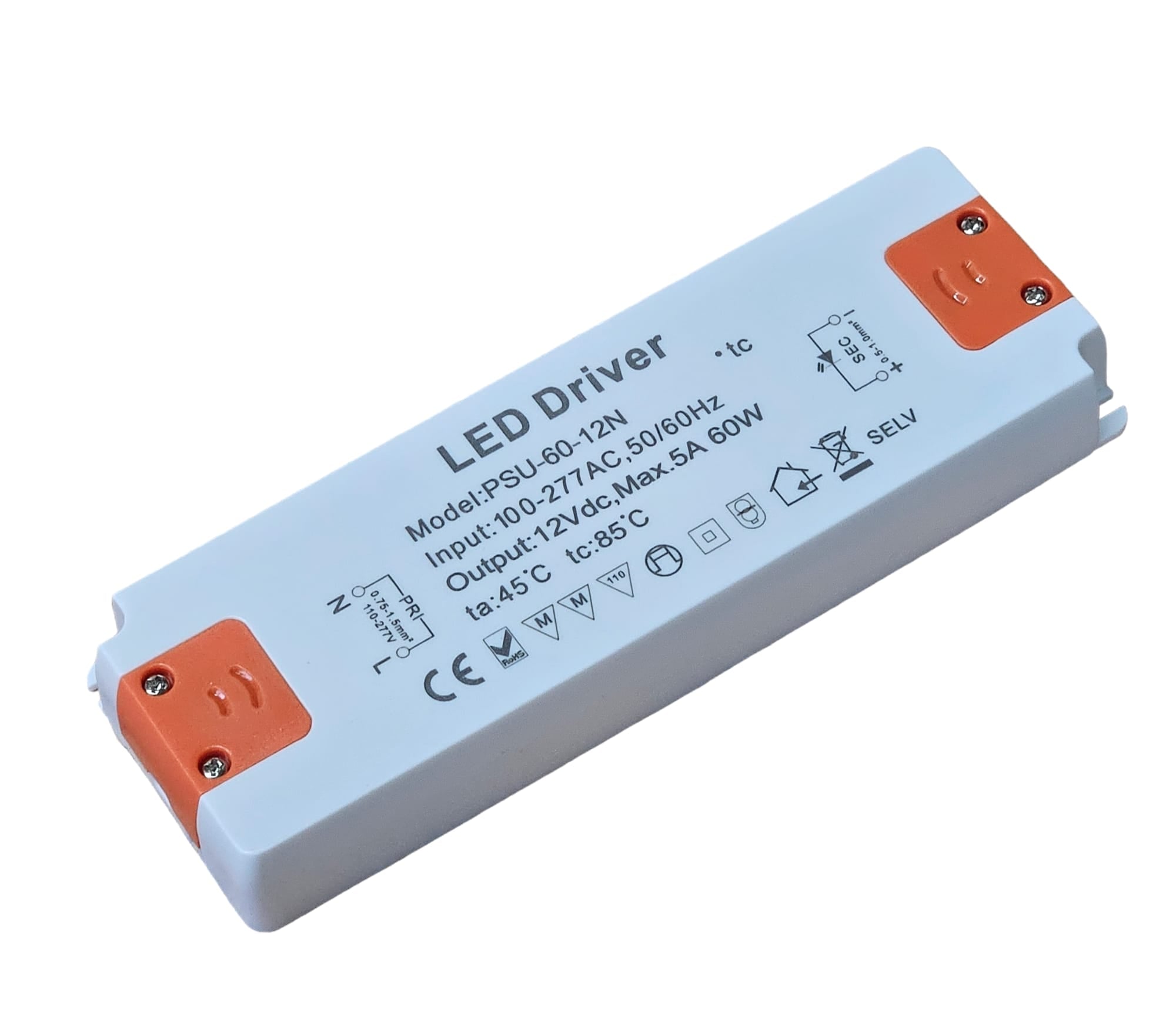 60w DC LED Power Supply Driver 12v / 24v VDC Plastic Body
