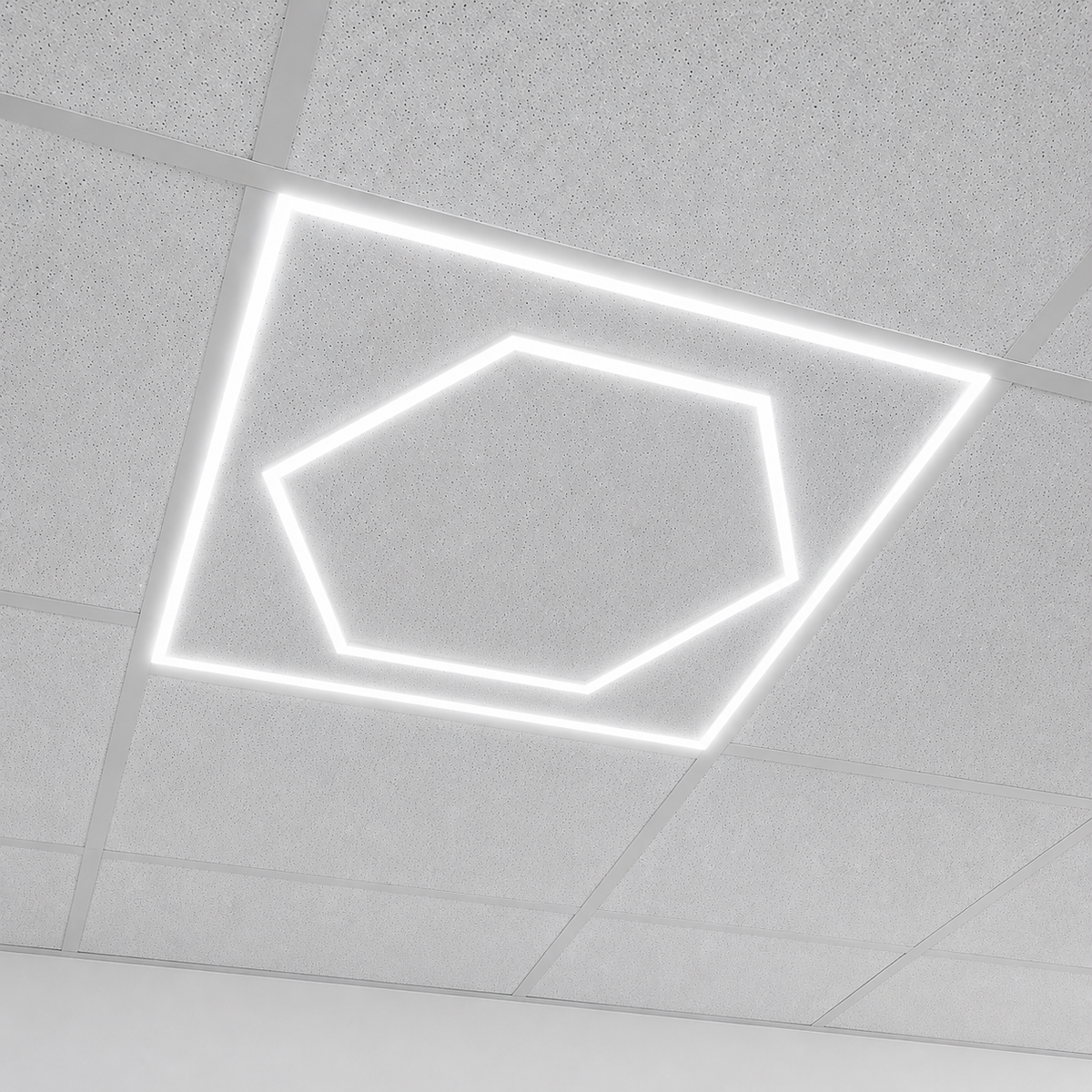 600x600 Hexagon Design LED Panel Light 76W 6500K installed in suspended ceiling