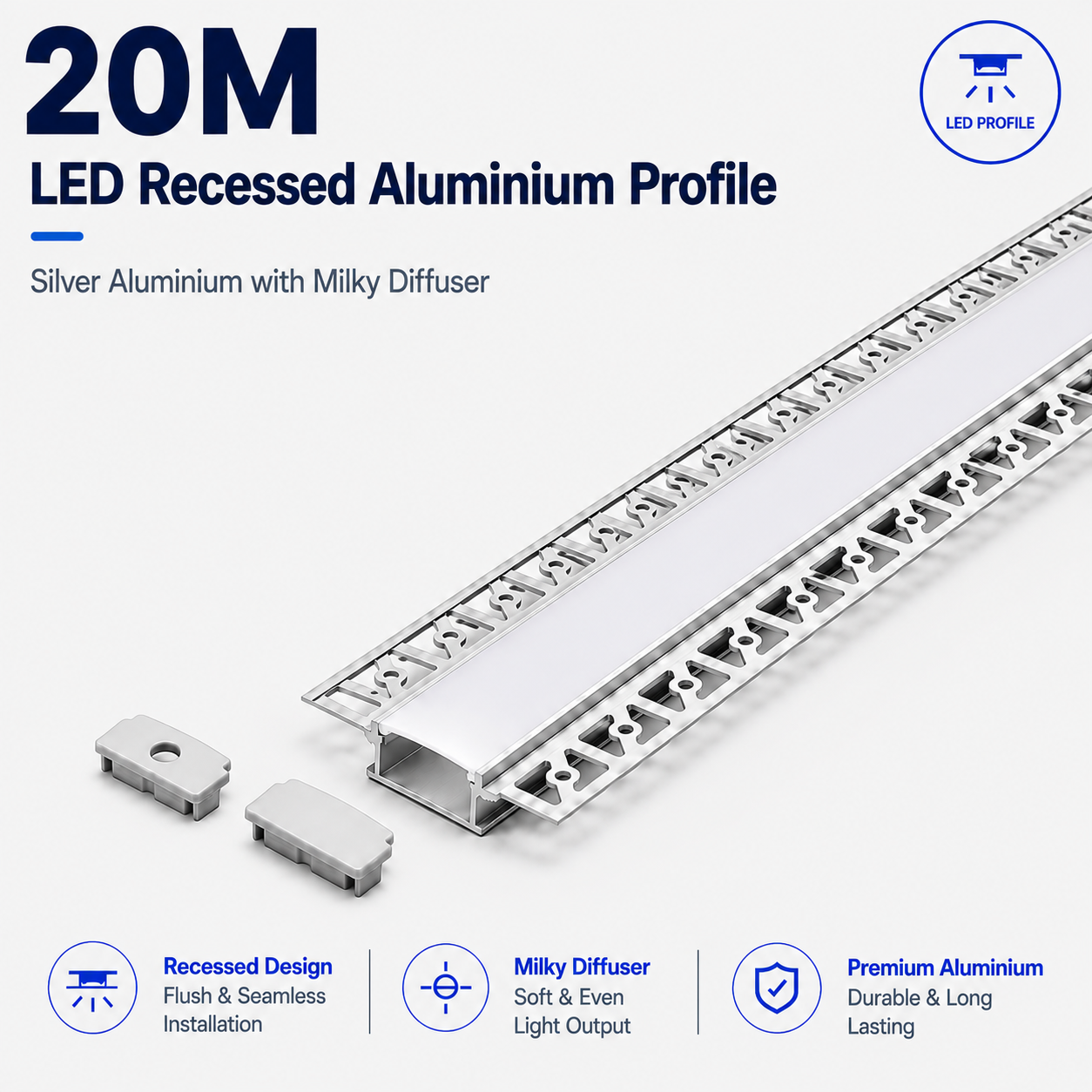 Silver Recessed Aluminium LED Strip Profile with Milky Diffuser – 2M Lengths | 2M–100M Kits