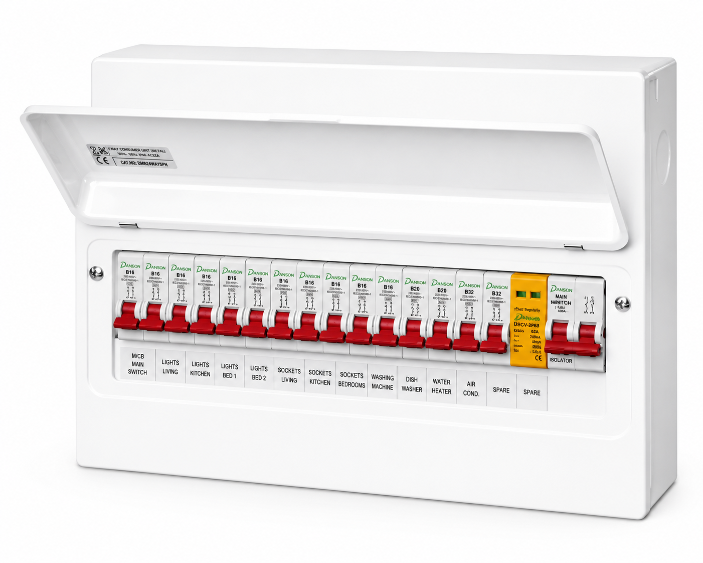 13 Way RCBO Populated Fuse Box with T2 SPD & 100A Main Switch Single Phase E MM164/SPD