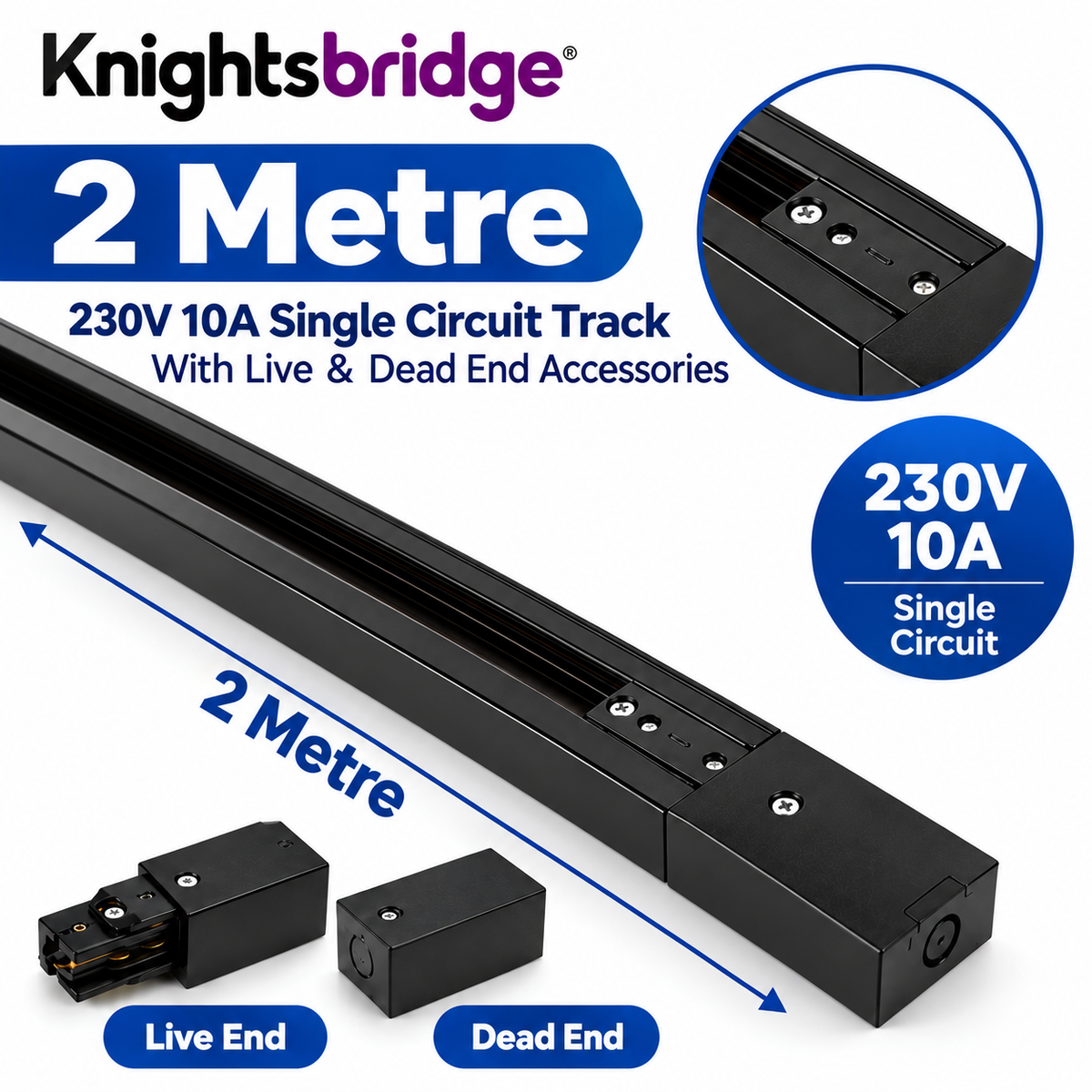 Knightsbridge 230V 10A Single Circuit Track Lighting Rail Black – 1M - 3Meter