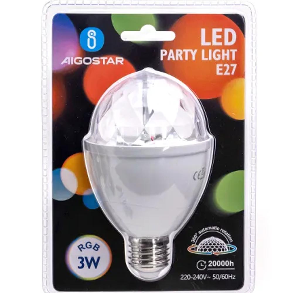 Aigostar 3W E27 LED Multi Colour Changing RGB Party Disco Light Bulb 360 Degree Automatic Rotating Lighting