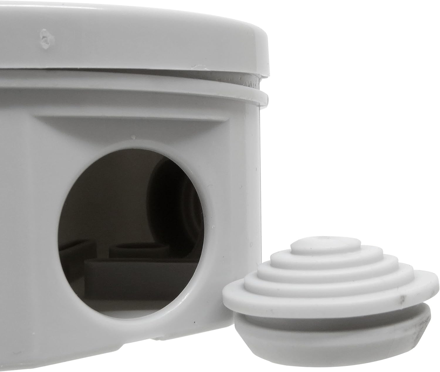 ESR R080 80mm x 35mm IP44 Round Electrical Junction Box with Rubber Cable Entry Grommets Snap-on Lid Splashproof Weatherproof CCTV Cable Connection