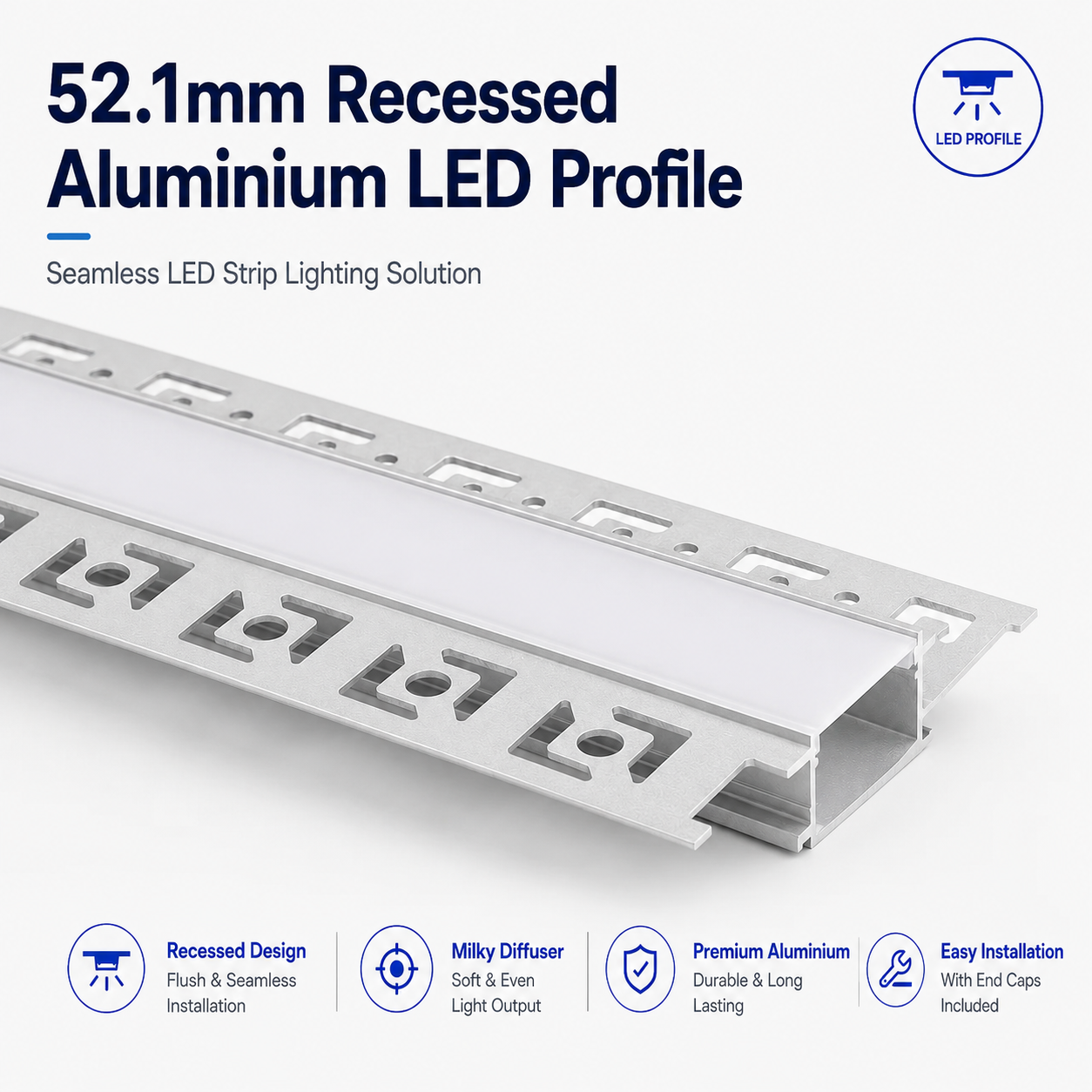 Silver Recessed Aluminium LED Strip Profile with Milky Diffuser – 2M Lengths | 2M–100M Kits