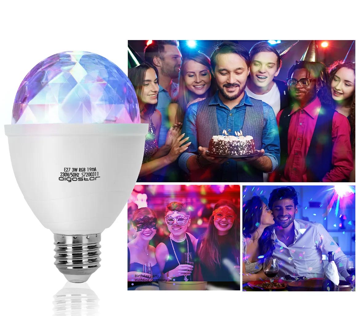 Aigostar 3W E27 LED Multi Colour Changing RGB Party Disco Light Bulb 360 Degree Automatic Rotating Lighting