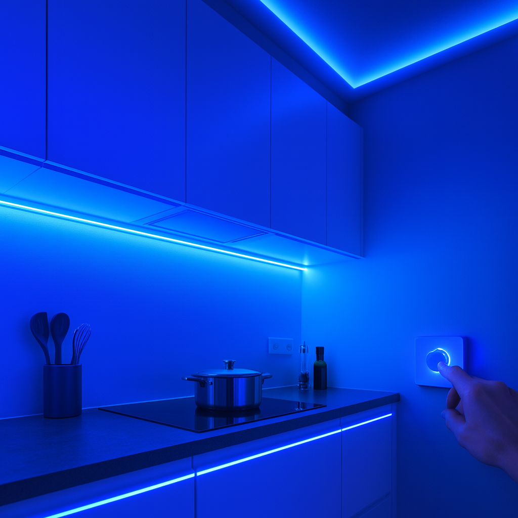 Contemporary kitchen illuminated in deep blue by LED strip lighting under cabinets, along the ceiling edge, and beneath the counters, with a hand adjusting a glowing wall dimmer.