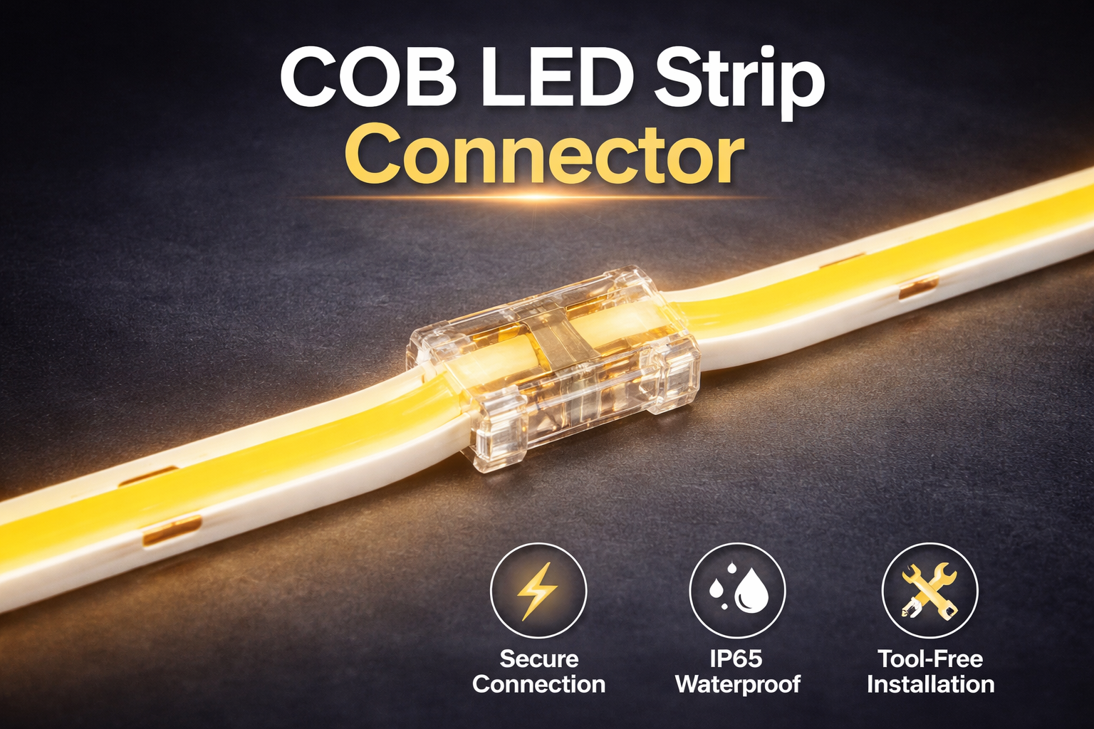 Promotional image showing a transparent connector joining two illuminated COB LED strip sections, with text highlighting secure connection, IP65 waterproof protection and tool-free installation.