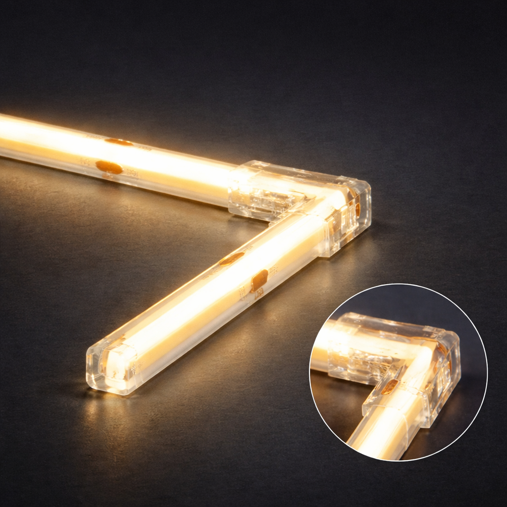 Transparent corner connector joining two illuminated COB LED strip sections at a 90-degree angle, shown on a dark background with a close-up inset.