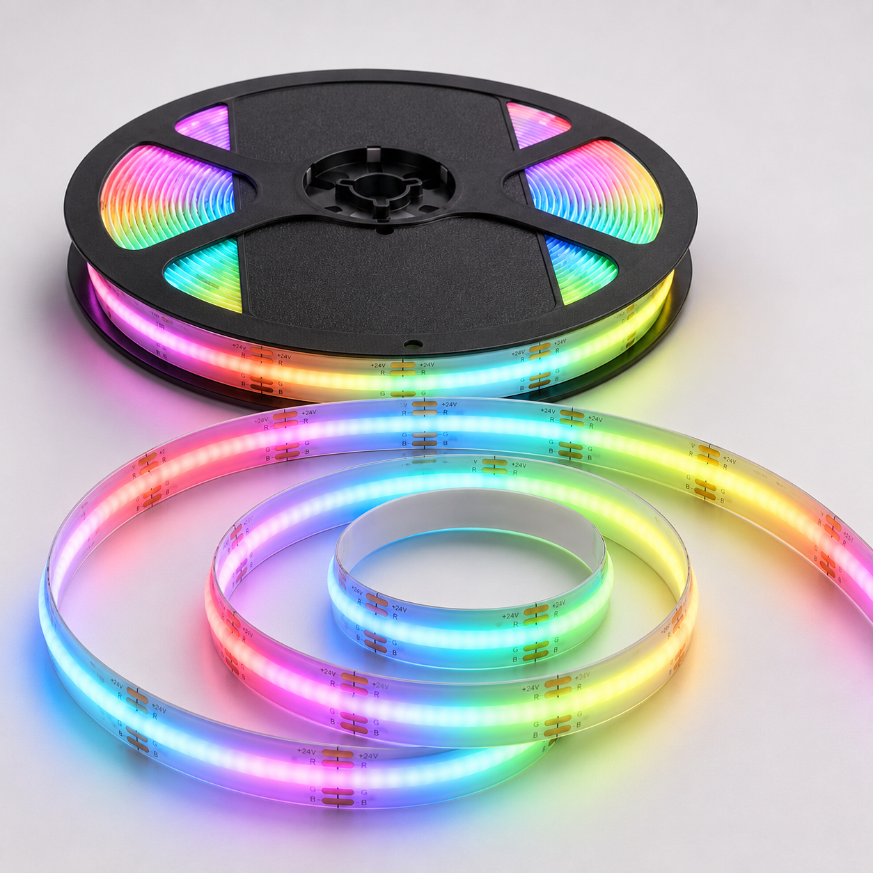24V RGB COB LED Strip Light β Colour Changing Dotless Tape, Super Bright Self-Adhesive 3M Backing, 1mβ100m
