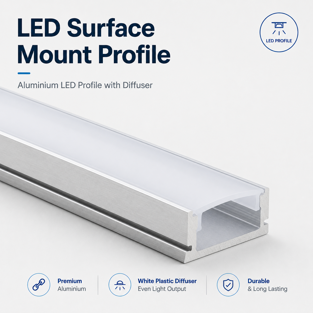 Surface Mounted Aluminium LED Strip Profile with Opal Diffuser – 2M Lengths | 2M–100M Kits