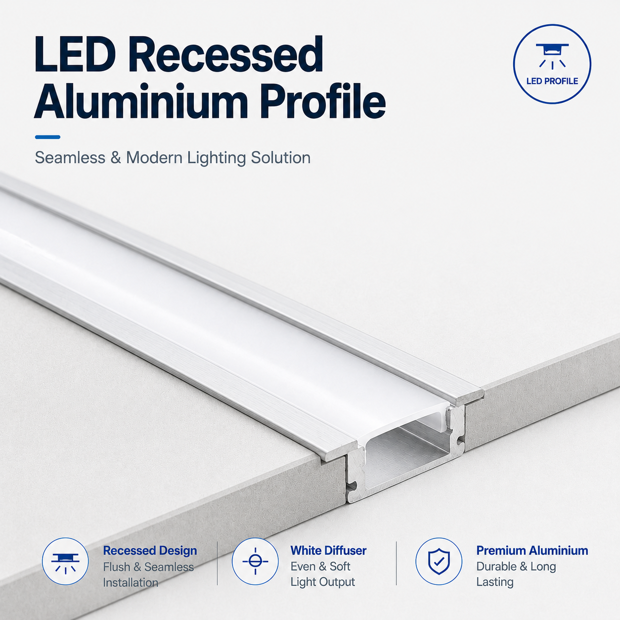 Recessed Aluminium LED Profile with Opal Diffuser – 2M LED Strip Channel Housing