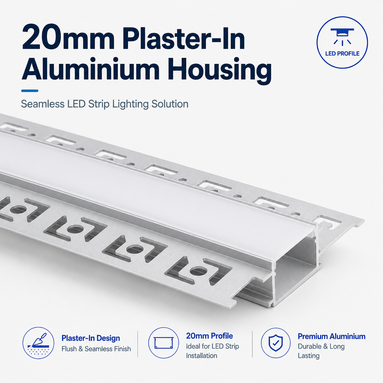 Recessed 20mm Plaster In Aluminium LED Strip Profile with Milky Diffuser – 2M Lengths | 2M–100M Kits