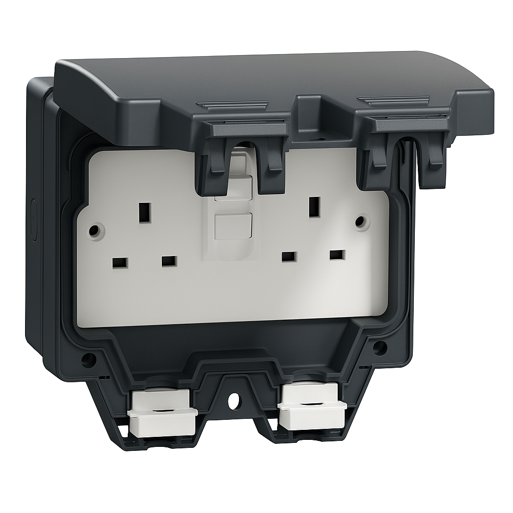 Weatherproof RCD Socket 13A – Schneider Electric LWP3020R – IP66, Twin Plug, Outdoor Power