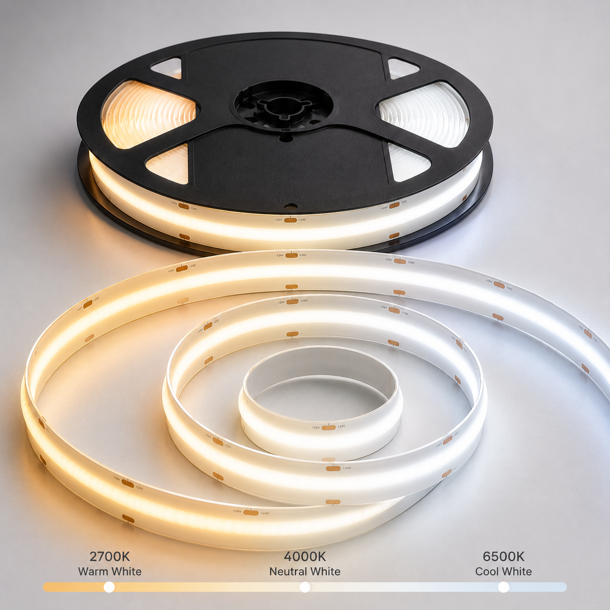 24V CCT COB LED Strip Light Tunable White 2700K–6500K – Dotless Super Bright Self Adhesive LED Tape, 1m–100m