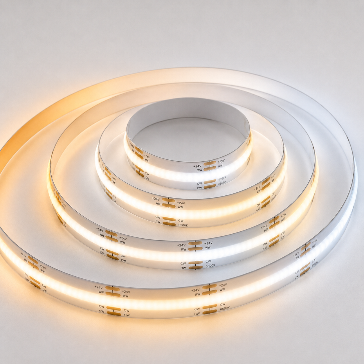 24V CCT COB LED Strip Light Tunable White 2700K–6500K – Dotless Super Bright Self Adhesive LED Tape, 1m–100m