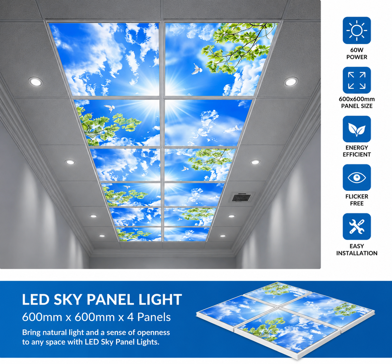 Pack of 4 LED Sky Panel Lights 600x600mm 40W Suspended Ceiling Panels – Blue Sky Cloud Skylight Effect