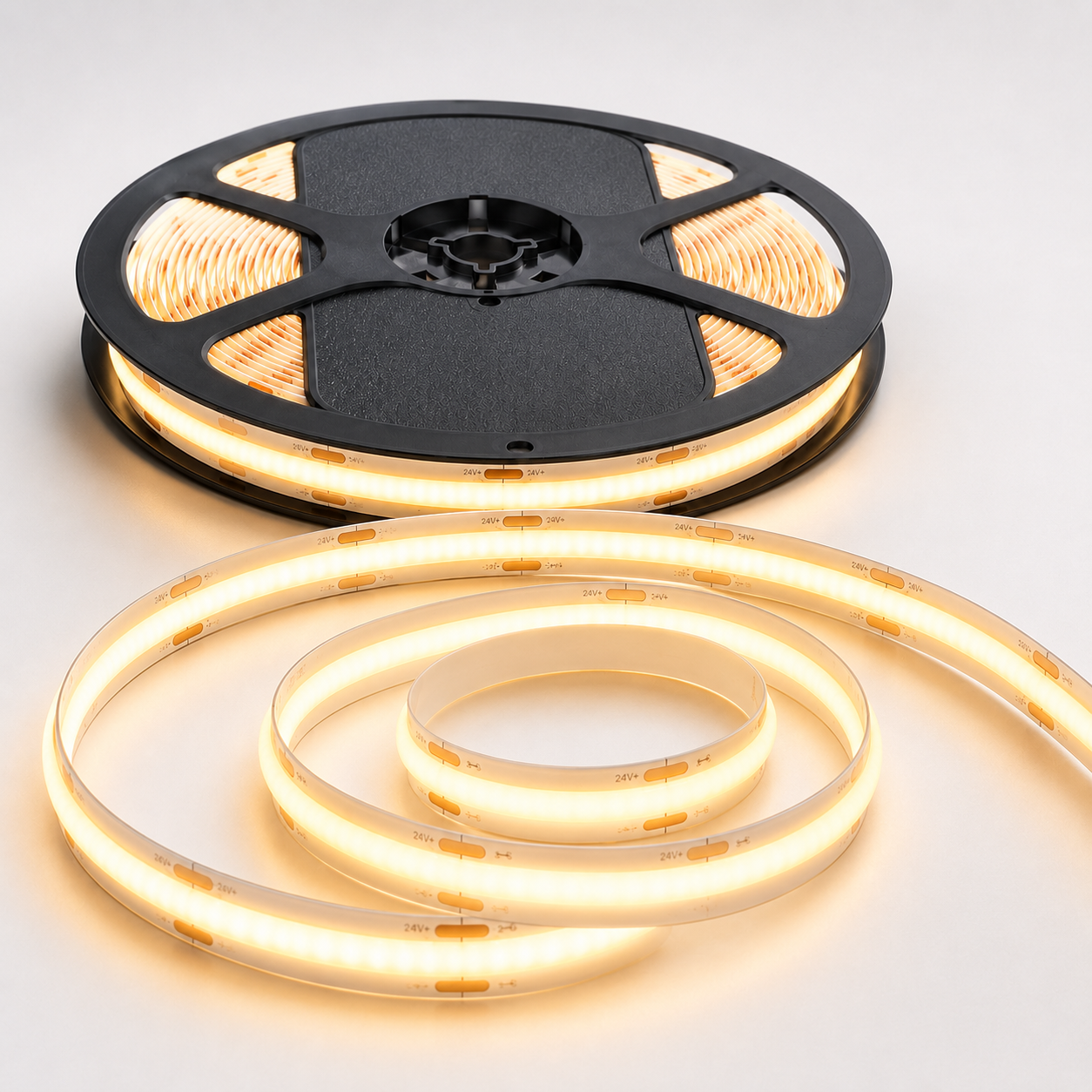 24V COB LED Strip Light Warm White 3000K – Dotless Super Bright Self Adhesive LED Tape, 1m–100m
