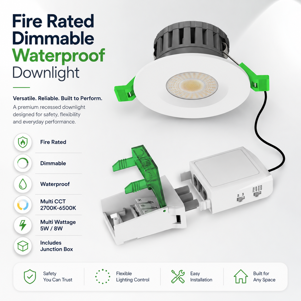V-TAC IP65 Fire Rated LED Downlight – Dimmable Multi CCT & Wattage, Insulation Coverable, Choice of Bezels