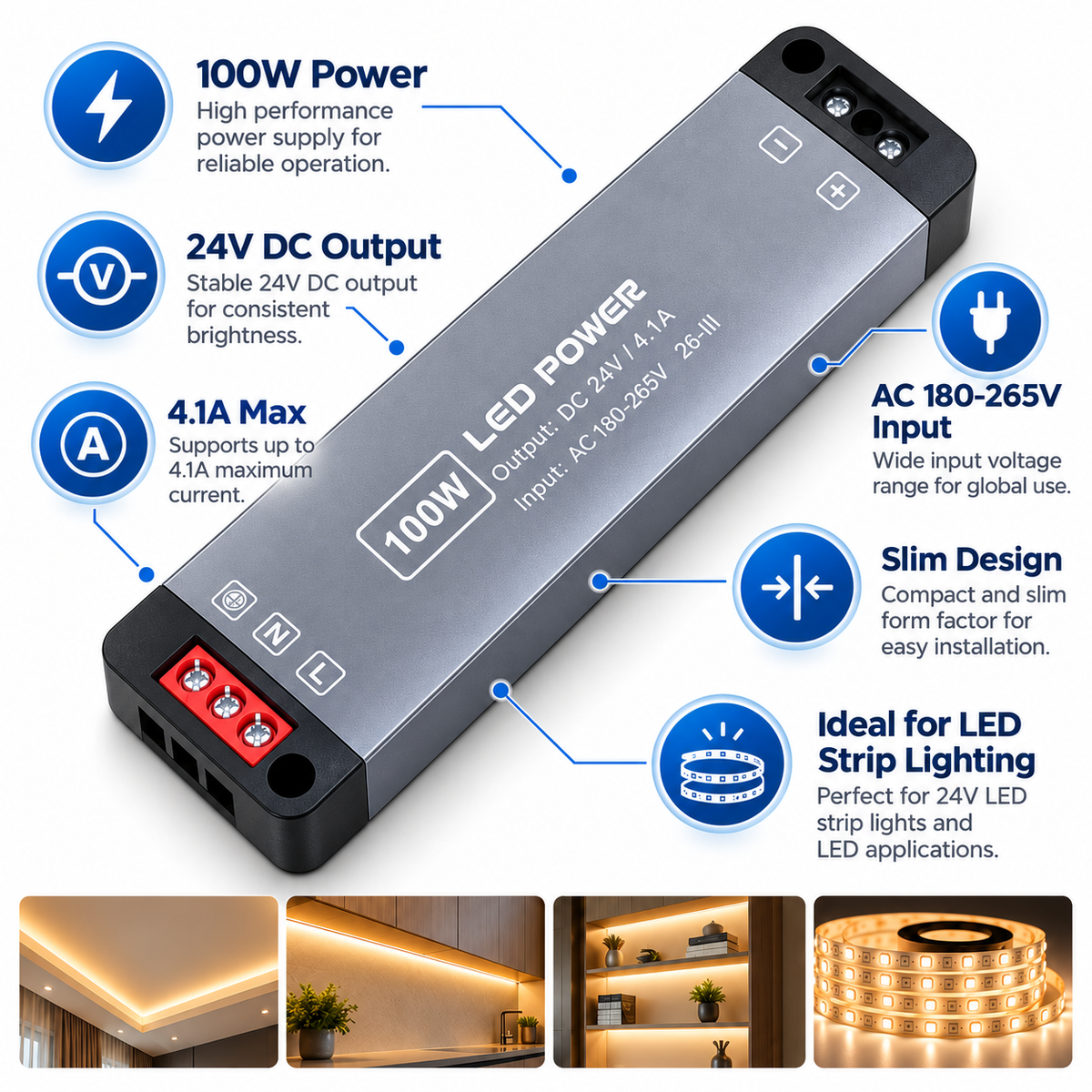 100W 24V LED Driver Power Supply – Ultra Slim 4.1A Transformer for LED Strip Lights