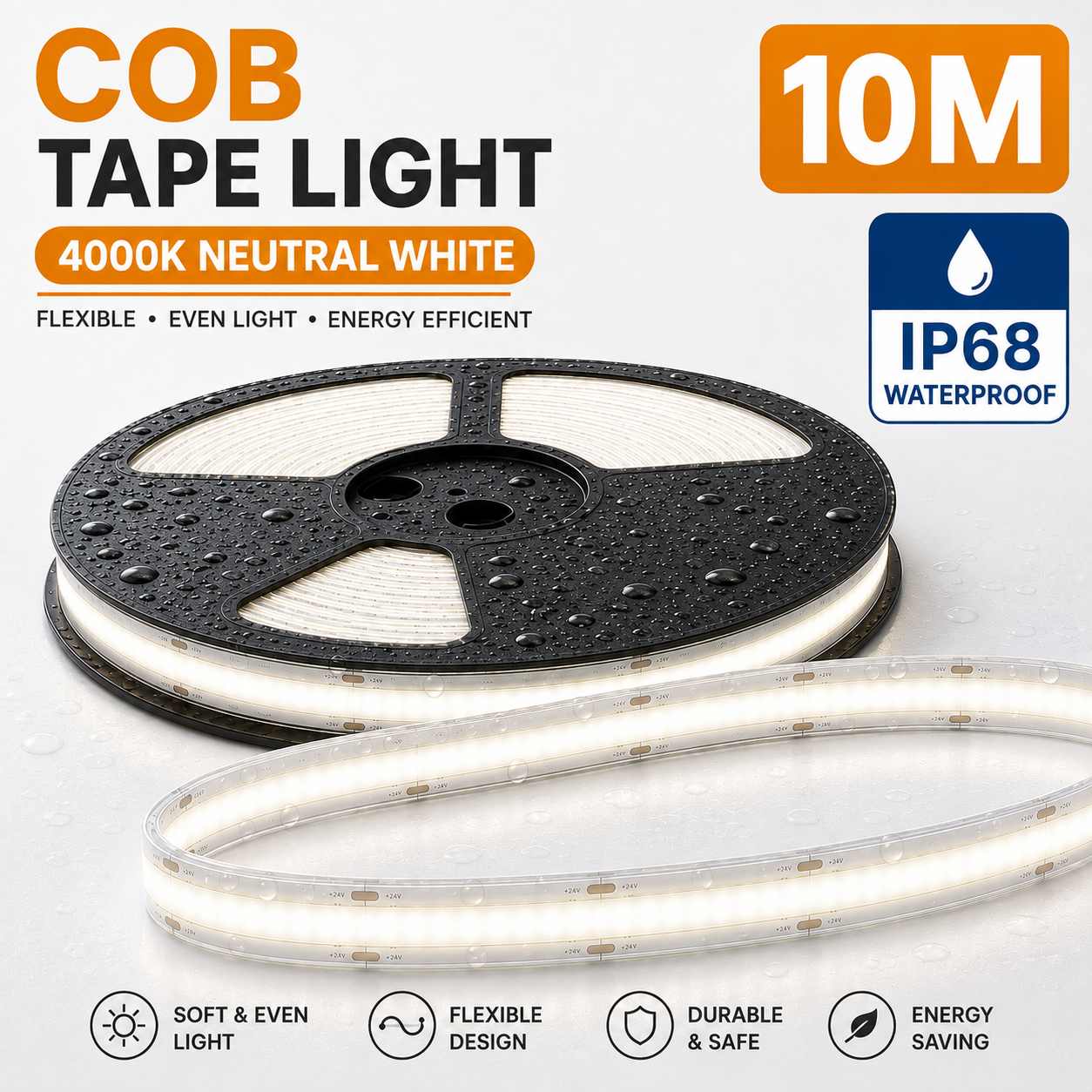 24V COB LED Strip Light Neutral White 4000K – IP68 Waterproof Dotless Super Bright Self-Adhesive LED Tape, 1m–100m