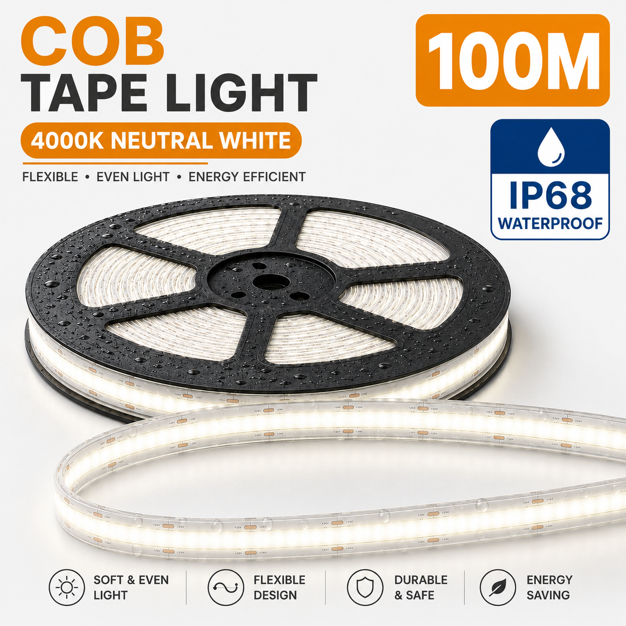 24V COB LED Strip Light Neutral White 4000K – IP68 Waterproof Dotless Super Bright Self-Adhesive LED Tape, 1m–100m