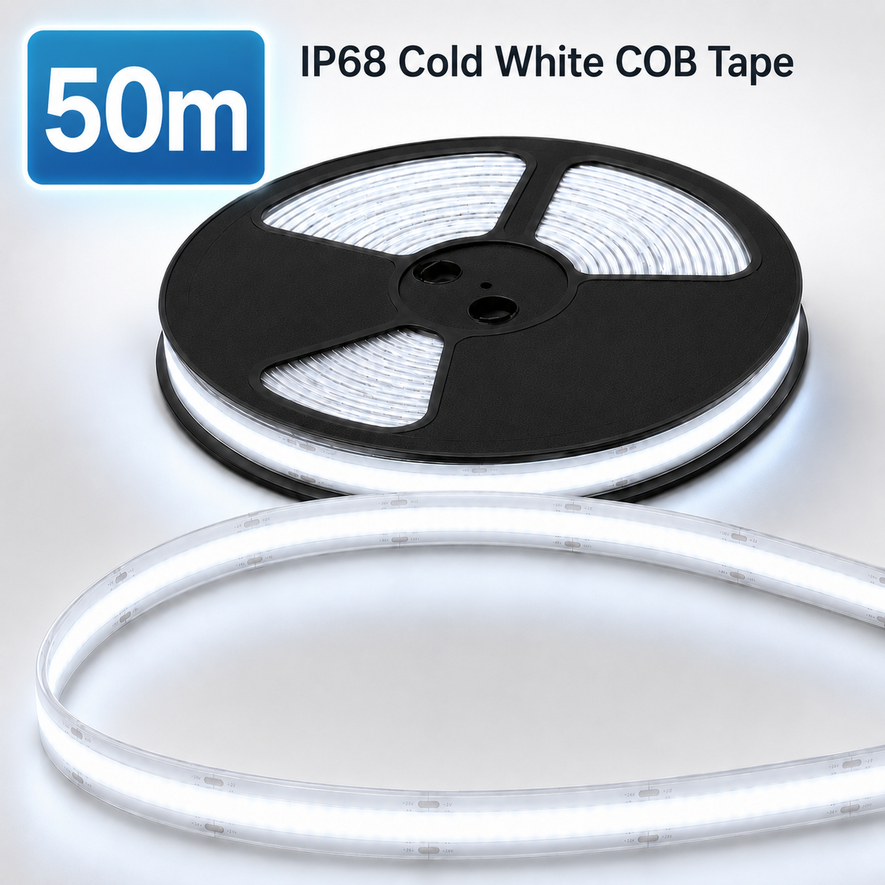 24V COB LED Strip Light Cold White 6500K – IP68 Waterproof Dotless Super Bright Self-Adhesive LED Tape, 1m–100m