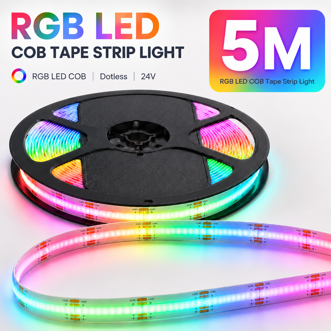 24V RGB COB LED Strip Light – Colour Changing Dotless Tape, Super Bright Self-Adhesive 3M Backing, 1m–100m