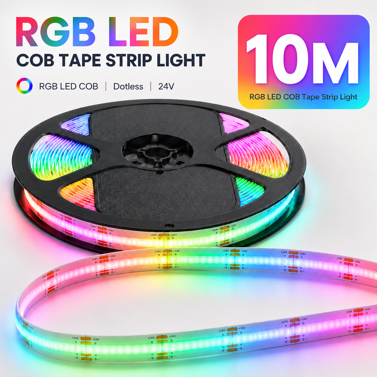 24V RGB COB LED Strip Light – Colour Changing Dotless Tape, Super Bright Self-Adhesive 3M Backing, 1m–100m