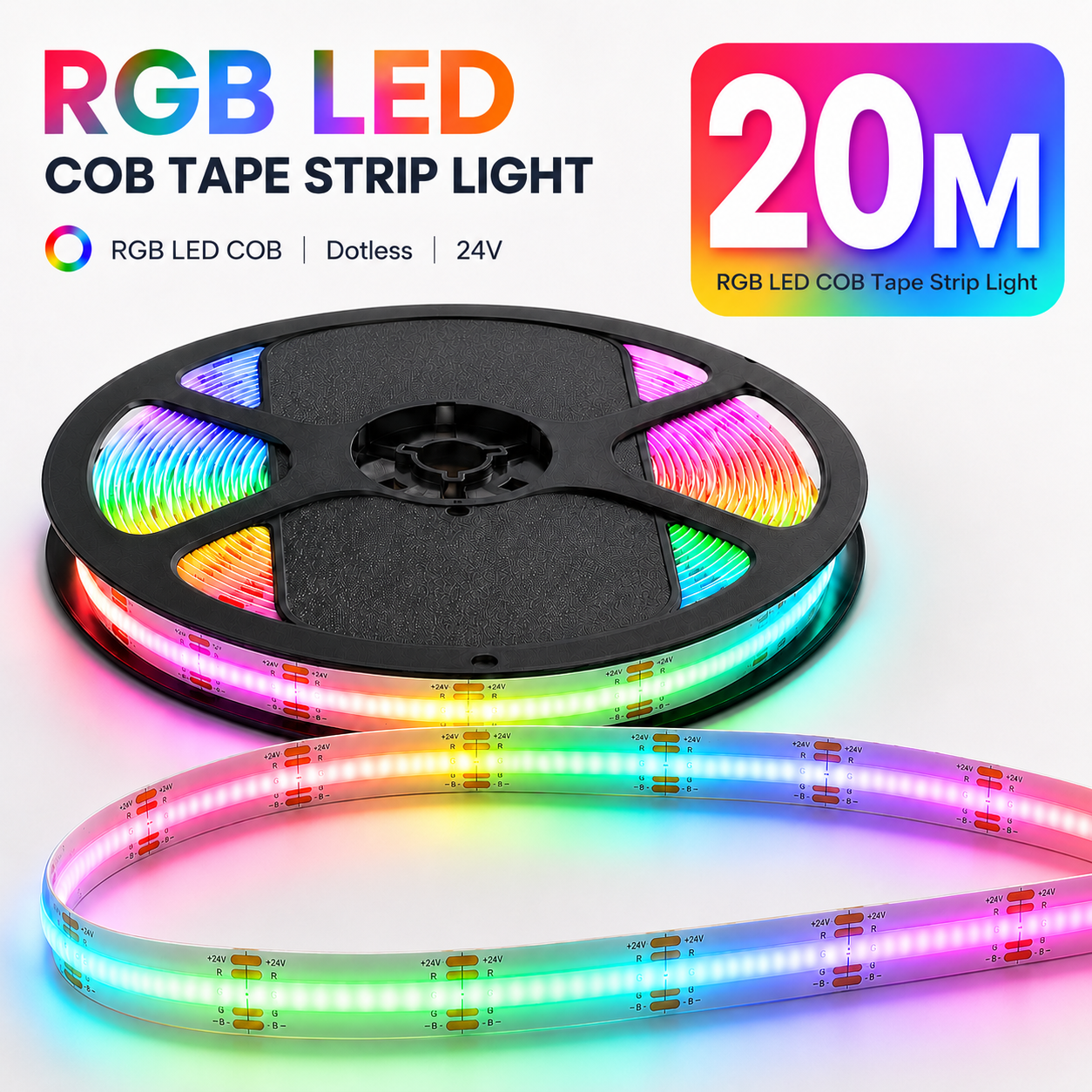 24V RGB COB LED Strip Light – Colour Changing Dotless Tape, Super Bright Self-Adhesive 3M Backing, 1m–100m
