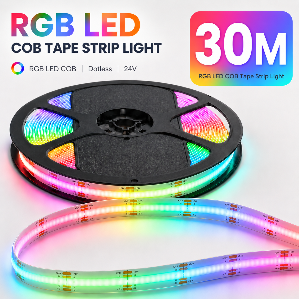 24V RGB COB LED Strip Light – Colour Changing Dotless Tape, Super Bright Self-Adhesive 3M Backing, 1m–100m