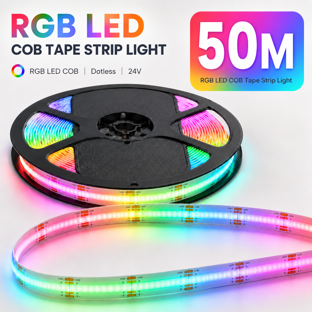 24V RGB COB LED Strip Light – Colour Changing Dotless Tape, Super Bright Self-Adhesive 3M Backing, 1m–100m
