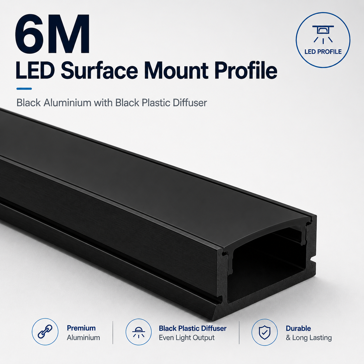 Black Surface Mounted Aluminium LED Strip Profile with Opal Diffuser – 2M Lengths | 2M–100M Kits