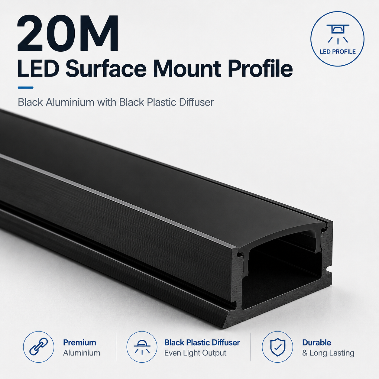 Black Surface Mounted Aluminium LED Strip Profile with Opal Diffuser – 2M Lengths | 2M–100M Kits